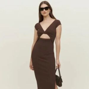 Reformation Faris Brown Ribbed Knit Twist Cut Out Slit Midi Dress Sz ?